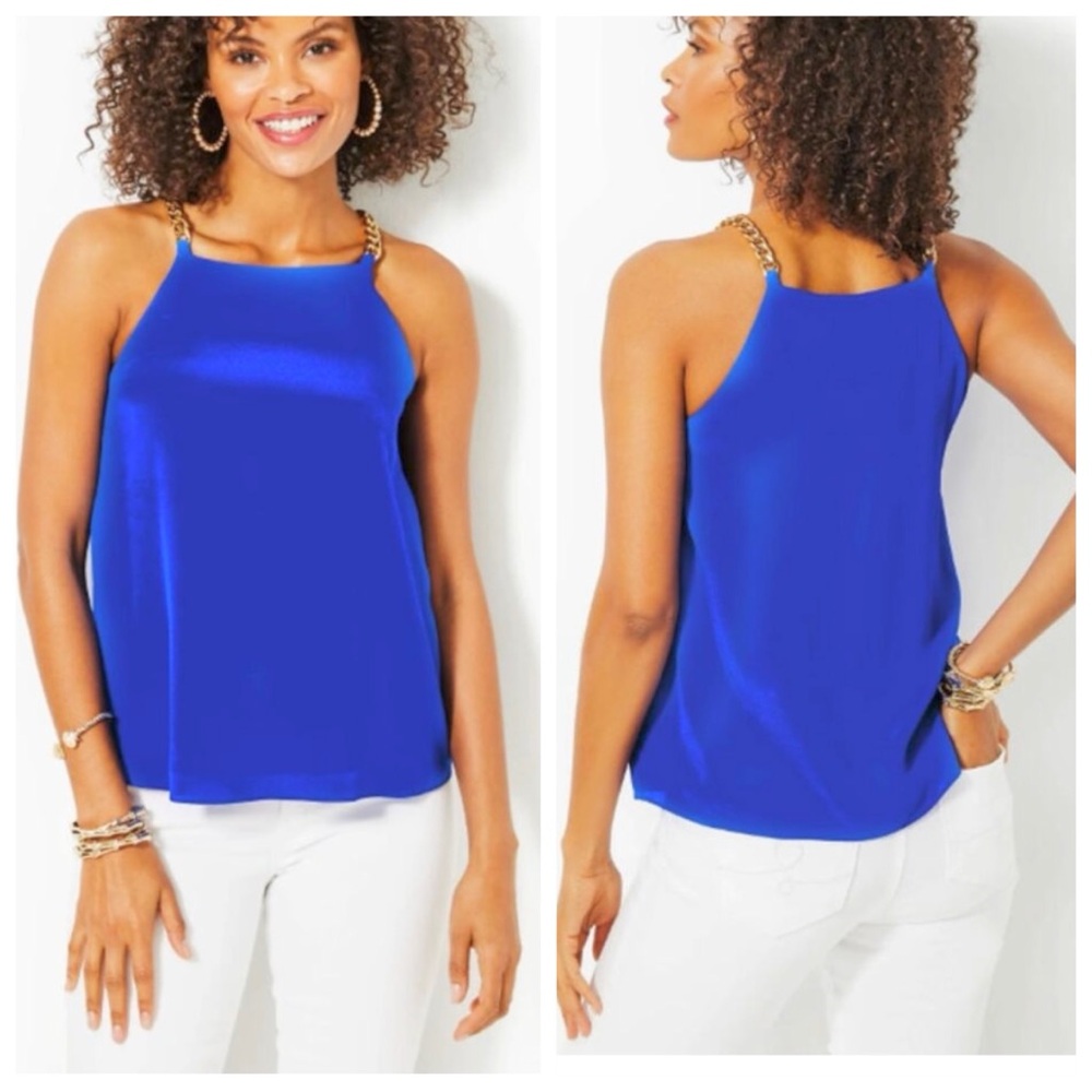 NWT Lilly Pulitzer Joannah Silk Top in Blue Grotto with gold tone chain straps 8